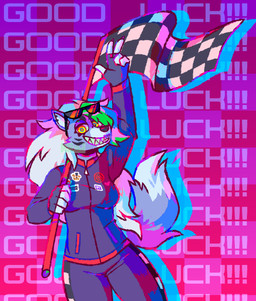 abstract_background anthro black_nose bottomwear breasts brown_body checkered checkered_background checkered_bottomwear checkered_clothing checkered_pants clothed clothing ear_piercing ear_ring exclamation_point eyelashes eyewear eyewear_on_head female fluffy fluffy_tail fur glasses glasses_on_head gloves green_hair grey_body grey_fur hair handwear hat headgear headwear heart_symbol long_hair long_tail looking_at_viewer multicolored_body multicolored_fur pants pattern_background pattern_bottomwear pattern_clothing pattern_pants piercing pose race_queen racing_suit racing_uniform raised_arm ring_piercing round_ears sharp_teeth shirt simple_background smile solo standing tail teeth text thick_thighs top_hat topwear two_tone_body uniform white_body white_fur white_hair yellow_eyes zipper unikhroma five_nights_at_freddy's five_nights_at_freddy's:_security_breach scottgames steel_wool_studios freddy_(fnaf) roxanne_wolf canid canine canis mammal wolf 2021 english_text