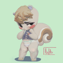 ageplay anthro blonde_hair blush clean_diaper clothed clothing diaper green_background hair looking_at_viewer male pacifier roleplay simple_background solo standing wearing_diaper wob animal_crossing nintendo marshal_(animal_crossing) mammal rodent sciurid tree_squirrel 2018 digital_media_(artwork)