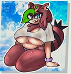 anthro big_breasts bodily_fluids breasts chest_tuft fangs female overweight slightly_chubby slightly_chubby_female smile smiling_at_viewer solo sweat sweatdrop tail teeth thick_tail thick_thighs translucent tuft champchidi nooki sega sonic_the_hedgehog_(series) fan_character canid canine mammal raccoon_dog tanuki absurd_res hi_res