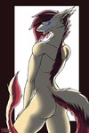 anthro fur hair hand_on_leg looking_down male piercing rear_view red_body red_eyes red_fur red_hair simple_background solo yellow_body yellow_fur therobd niro_(niron) sergal 2:3 absurd_res hi_res