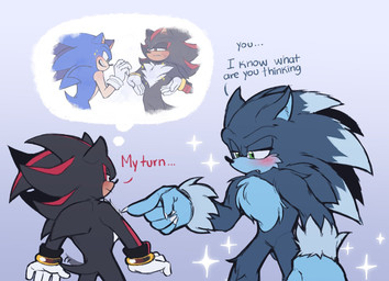 anthro dialogue duo fluffy humor male male/male text chaotixshiro sega sonic_the_hedgehog_(series) sonic_unleashed shadow_the_hedgehog sonic_the_hedgehog sonic_the_werehog eulipotyphlan hedgehog mammal werecreature wereeulipotyphlan werehog english_text hi_res
