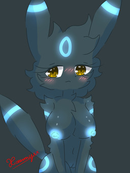 anthro anthrofied black_body black_ears black_fur black_nose black_tail blue_body blue_ears blue_fur blue_tail blush breasts eyebrows eyelashes female fur genitals glowing glowing_body glowing_nipples looking_at_viewer multicolored_body multicolored_fur navel nipples nude nude_anthro nude_female pokemorph presenting solo tail thick_thighs two_tone_body two_tone_fur vulva yellow_eyes conditional_dnp xammyxx nintendo pokemon eeveelution generation_2_pokemon pokemon_(species) shiny_pokemon umbreon 2025 3:4 digital_media_(artwork) hi_res ibispaint_(artwork) shaded signature watermark