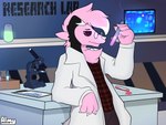 anthro eyewear flannel_shirt glasses laboratory_equipment laboratory_glassware male microscope relaxing scientific_instrument scientist screen smile solo test_tube almy nintendo pokemon tarroc_(original_character) canid canine generation_7_pokemon lycanroc mammal midnight_lycanroc pokemon_(species) absurd_res hi_res