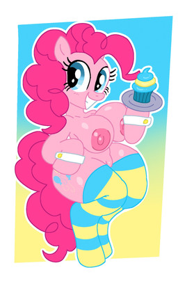 anthro areola big_breasts blue_background blue_clothing blue_eyes blue_legwear blue_thigh_highs border breasts clothing cuffs_(clothing) cutie_mark eyelashes female front_view fur genitals hair legwear long_hair looking_at_viewer nipples pattern_clothing pattern_legwear pattern_thigh_highs pink_areola pink_body pink_fur pink_hair pink_nipples simple_background smile solo striped_clothing striped_legwear striped_thigh_highs stripes thigh_highs vulva white_border yellow_background yellow_clothing yellow_legwear yellow_thigh_highs mschaox6 friendship_is_magic hasbro my_little_pony pinkie_pie_(mlp) equid equine horse mammal pony hi_res
