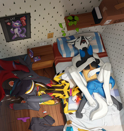 andromorph anthro bed bodily_fluids cum cum_in_vagina cum_inside cum_on_bed cum_on_ground ejaculation furniture genital_fluids group intersex leaking leaking_cum leaking_vagina male steel_cat nintendo pokemon steel_cat_(character) canid canine domestic_cat felid feline felis fox generation_4_pokemon generation_5_pokemon lucario mammal pokemon_(species) zoroark hi_res