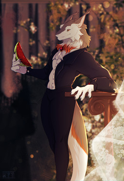 anthro big_ears brown_body brown_fur cheek_tuft clothed clothing coat ears_back facial_tuft fluffy food fruit fur grey_body grey_fur happy heart_symbol male melon neck_tuft pivoted_ears plant solo tailcoat topwear tuft watermelon white_body white_fur yellow_eyes shyryp fandox_(character) mammal sergal absurd_res digital_media_(artwork) hi_res