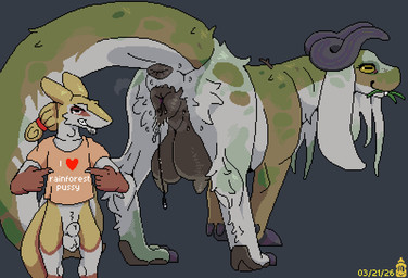 animal_genitalia animal_vulva anthro anus big_teats bodily_fluids canine_genitalia canine_vulva duo female female_feral feral fur genital_fluids genitals looking_at_viewer male male_anthro pubes size_difference teats vaginal_fluids vulva mustard_(welcometothevoid) mythology swiss_(mustard) thyme_(mustard) dragon furred_dragon furred_scalie mantelyn mythological_creature mythological_scalie scalie sergal
