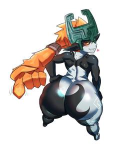 big_butt bite biting_lip biting_own_lip blush butt clothing female fused_shadow headgear headwear heart_symbol huge_butt looking_at_viewer looking_back rear_view self_bite simple_background solo standing thick_thighs white_background wide_hips ytrall nintendo the_legend_of_zelda twilight_princess midna humanoid twili hi_res