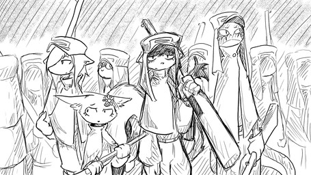 anthro cape clothing coat female gloves group gun handwear hat headgear headwear military military_uniform ranged_weapon rifle soldier tired_eyes topwear uniform warrior weapon dragonweirdo daisy_(dragonweirdo) tula_(dragonweirdo) canid canine domestic_ferret fox lagomorph leporid lizard mammal mustelid musteline rabbit reptile rodent scalie sciurid tree_squirrel true_musteline weasel 16:9 comic hi_res monochrome widescreen