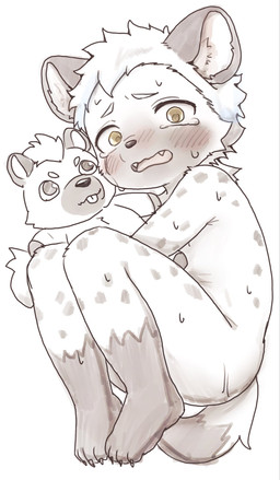 4_toes ambiguous_gender anthro bent_legs blue_hair blush bodily_fluids claws crying embarrassed fangs feet hair holding_object holding_plushie looking_at_viewer lying nipples nude_ambiguous on_side open_mouth plushie sad scared solo sweat tail tears teeth toes yellow_eyes young young_ambiguous young_anthro kochi662368621 hyena mammal 2026 hi_res japanese_description male_(lore)