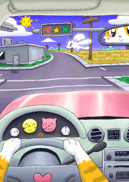 ambiguous_gender anthro blue_sky blush building car_interior clock cloud detailed_background digital_clock driving driving_car electronics fur grass heart_symbol mountain orange_body orange_fur outside paws pink_car plant power_lines radio road sky solo star_symbol steering_wheel street sun temperature toony traffic_light white_body mimill3 domestic_cat felid feline felis living_sun mammal unidentified_species detailed hi_res