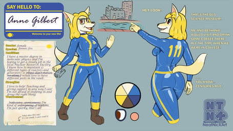 anthro blonde_hair blue_bodysuit blue_clothing blue_latex blue_skinsuit bodysuit boots breasts brown_eyes butt clothing eyewear female footwear fur gesture glasses gun hair hand_gesture handgun holding_gun holding_handgun holding_object holding_pistol holding_ranged_weapon holding_weapon latex latex_bodysuit latex_clothing latex_skinsuit looking_at_viewer medium_breasts open_mouth open_smile pistol pointing ranged_weapon shoes skinsuit smile solo standing text tight_clothing waving weapon yellow_body yellow_fur neatnick fallout microsoft canid canine fennec_fox fox mammal true_fox english_text hi_res model_sheet