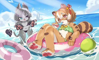 4_fingers 4_toes accessory anthro biped black_markings black_tail_tip brown_body brown_ear_tips brown_hair brown_markings clothed clothing cloud countershade_face countershade_feet countershade_fur countershade_hands countershade_legs countershade_neck countershade_torso countershading dipstick_ears dipstick_tail dripping duo ear_markings eyewear feet female fingers food fully_clothed fur glasses gloves_(marking) green_eyes grey_body grey_countershading grey_fur grey_hair hair hair_accessory highlights_(coloring) legs_together markings multicolored_ears multicolored_eyes navel one_eye_closed open_mouth open_smile outside pawpads paws pink_inner_ear pink_pawpads pool_float popsicle red_eyes sea sitting sky smile spade_tail splash splashing_water standing stripes swimsuit_only swimwear tail tail_markings toes two-piece_swimsuit two_tone_eyes water white_body white_countershading white_highlights young young_female sakurami_ruruko potatotanuki_(potatoximon) 2023 character_request colored hi_res shaded
