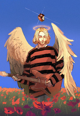 5_fingers apple arms_bent beard black_eyebrows black_stripes blonde_hair blue_sky bottomwear clear_sky clothed clothed_humanoid clothed_male clothing day electric_guitar eyebrows eyes_closed facial_hair feathered_wings feathers fingers flower flower_field food fruit fully_clothed fully_clothed_humanoid fully_clothed_male glint grey_bottomwear grey_clothing grey_pants guitar hair halo humanoidized light male medium_hair musical_instrument not_furry outside pants pattern_clothing pattern_shirt pattern_topwear plant playing_guitar playing_music plucked_string_instrument red_clothing red_flower red_shirt red_topwear shirt sky solo standing string_instrument striped_clothing striped_shirt striped_topwear stripes tan_body tan_skin tan_wings topwear wings soulfullhyena real_world kurt_cobain angel humanoid winged_humanoid 2026 colored digital_drawing_(artwork) digital_media_(artwork) hi_res lighting shaded