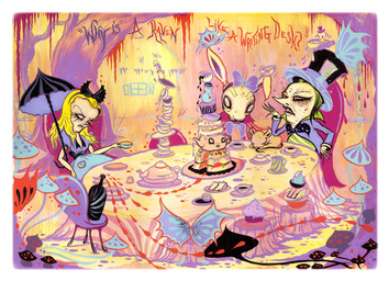 alternative_fashion ambiguous_gender anthro blonde_hair bottle cake chair clothed clothing container cup cupcake dessert dress eyelashes female feral food frown fungus furniture green_hair group hair hat headgear headwear j-fashion lips lolita_(fashion) mushroom open_mouth plant plate sitting sweet_lolita table tea_cup teapot top_hat tree umbrella camille_rose_garcia alice_in_wonderland animate_inanimate human lagomorph leporid mammal mouse murid murine rabbit rodent hi_res