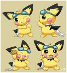 ambiguous_gender anthro black_body black_fur border brown_background cookie eyewear food fur goggles green_eyes mostly_nude one_eye_closed open_mouth scarf simple_background smile solo standing white_border wink yellow_body yellow_fur pichu90 nintendo pokemon sparks_pichu generation_2_pokemon pichu pokemon_(species) 2015