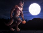 4_toes 5_fingers abs after_transformation anthro big_chest big_muscles black_nose bottomwear broad_shoulders brown_body brown_fur building candy candy_bucket cheek_tuft chin_tuft claws clothing dessert detailed_background digitigrade facial_tuft feet fingers fluffy fluffy_tail food full_moon fur glowing glowing_eyes halloween_2024 head_tuft holidays house jack-o'-lantern male mane moon muscular muscular_anthro muscular_male night outside pants paws pecs plant serratus shirt sidewalk sky smile solo tail teeth toe_claws toes topwear torn_bottomwear torn_clothing torn_pants torn_shirt torn_topwear tree trick_or_treat tuft walking yellow_eyes dream_and_nightmare halloween mythology canid canine canis mammal mythological_canine mythological_creature were werecanid werecanine werewolf wolf 4:3 digital_drawing_(artwork) digital_media_(artwork)