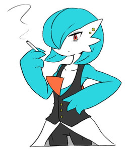 ambiguous_gender black_bottomwear black_clothing black_pants blue_body blue_hair blue_hands bottomwear chest_spike cigarette clothing eye_bags hair pants pseudo_clothing pseudo_hair red_eyes simple_background skirt smoking solo spikes spikes_(anatomy) white_background white_body white_bottomwear white_clothing white_skirt yakiniku628 nintendo pokemon gardevoir generation_3_pokemon humanoid pokemon_(species) shiny_pokemon colored