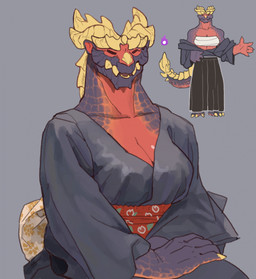 5_fingers anthro asian_clothing biped breasts chest_wraps claws clothed clothed_anthro clothed_female clothing east_asian_clothing eyes_closed feet female fingers front_view horn sitting solo standing tail teeth toe_claws toes wraps yolabayola1 capcom monster_hunter fanged_wyvern magnamalo 2025 digital_drawing_(artwork) digital_media_(artwork) hi_res
