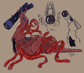 ambiguous_gender blue_eyes blue_sclera for_a_head looking_at_viewer looking_up multi_arm multi_eye multi_limb red_body telescope text somberine look_outside sybil_(look_outside) deer mammal monster object_head 2025 character_name hi_res sketch female_(lore)