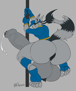 5_fingers 5_toes anthro anus athletic athletic_anthro athletic_male ball_tuft big_anus big_butt big_penis black_anus black_glans black_nose blue_clothing blue_footwear blue_gloves blue_handwear blue_hat blue_headwear blue_shirt blue_socks blue_topwear bodily_fluids bubble_butt butt clothed clothing erection feet fingers footwear foreskin fur furry_tail genital_fluids genitals glans gloves grey_background grey_body grey_fur handwear hat headgear headwear holding_pole huge_butt huge_penis hyper hyper_butt hyper_genitalia hyper_penis leaking_precum looking_back male markings mask mostly_nude pantsless penis pointy_ears precum presenting presenting_anus presenting_hindquarters rear_view shirt simple_background smile snout socks solo striped_markings striped_tail stripes tail tail_markings toeless_footwear toeless_socks toes topwear tuft vein veiny_penis wearing_mask wide_hips rxq sly_cooper_(series) sony_corporation sony_interactive_entertainment sucker_punch_productions sly_cooper mammal procyonid raccoon 2022 absurd_res colored dated digital_drawing_(artwork) digital_media_(artwork) hi_res signature