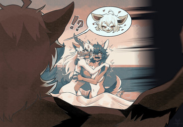 5_fingers anthro bed bed_covers bedding blush breasts countershade_torso countershading female female/female fingers fur furniture group hair hug inside interrobang looking_at_another male navel nude nude_anthro nude_female nude_male on_bed open_mouth surprised tail trio tenebscuro nintendo pokemon iiva_karinaz_(eevening) absol generation_3_pokemon pokemon_(species) 2025 digital_media_(artwork) hi_res