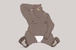 anthro asian_clothing belly blush brown_body brown_fur bulge clothing east_asian_clothing facial_scar fundoshi fur japanese_clothing male missing_eye moobs navel nipples overweight pawpads scar sitting solo underwear professor_fluff mihoyo zenless_zone_zero ben_bigger bear mammal hi_res