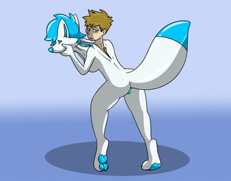 anal_sheath anthro anus blonde_hair blue_eyes blue_hair blue_tail_tip breasts butt clothing consensual_transformation costume dipstick_tail female flustered fursuit gender_transformation genitals glistening glistening_clothing hair holding_mask human_to_anthro latex latex_clothing latex_skinsuit latex_transformation male markings mid_transformation mtf_transformation narrowed_eyes rear_view simple_background skinsuit solo species_transformation standing suit_transformation tail tail_markings tight_clothing transformation vulva white_body zipper fox0808 canid canine fox human mammal 2015 colored digital_drawing_(artwork) digital_media_(artwork) sequence shaded simple_shading