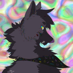 black_body black_fur blue_eyes colorful_background feral fur grey_body grey_fur grey_hair hair kerchief male psychedelic solo static yellow_eyes rattdawg 1:1 colorful_theme hi_res