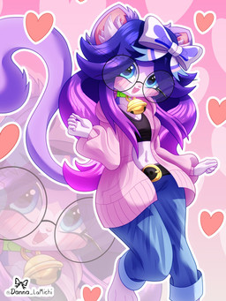accessory barefoot blush bow_ribbon eyewear feet female fur glasses hair_accessory hair_bow hair_ribbon heart_symbol nerd purple_body purple_fur ribbons smile smiling_at_viewer solo danna_lamichi domestic_cat felid feline felis mammal invalid_tag hi_res