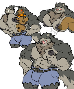 abs anthro belt big_nipples black_sclera bottomwear brown_body chest_tuft clothing duo fangs fur fur_markings goo_transformation grey_body grey_fur huge_nipples male male/male markings muscular nipples open_mouth red_sclera shorts suit_transformation teeth transformation tuft yellow_eyes x-monic mythology canid canine mammal mythological_canine mythological_creature werecanid werecanine werecreature werewolf 2026 hi_res