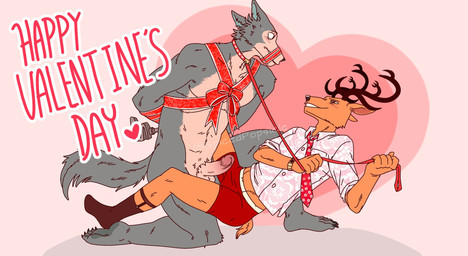 anthro anthro_on_anthro antlers balls bdsm blush bondage bound bow_(feature) bow_in_front bow_ribbon chest_bow clothing collar collared_shirt dress_shirt duo erection footwear gag gagged genitals heart_after_text heart_symbol holiday_message holidays horn humanoid_genitalia humanoid_penis leash leash_pull male male/male necktie nude penis pink_background ribbon_bondage ribbons scar shirt simple_background smile sock_garters socks text text_with_heart topwear underwear spicedpopsicle beastars valentine's_day legoshi_(beastars) louis_(beastars) canid canine canis cervine deer mammal red_deer wolf 2021 english_text hi_res