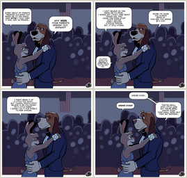 5_fingers anthro black_nose bow_tie breasts brown_body brown_fur clothed clothed_anthro clothed_female clothed_male clothing dancing dialogue dress duo encouragement fangs female fingers fur grey_body grey_fur humanoid_hands male pink_nose platonic prom speech_bubble suit tail teeth text tongue white_body white_fur hunter-husky disney the_fox_and_the_hound zootopia copper_(tfath) judy_hopps bloodhound canid canine canis domestic_dog hunting_dog lagomorph leporid mammal rabbit scent_hound comic english_text hi_res