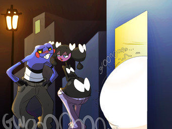 anthro belly big_belly black_body black_hair blue_body blue_eyes building female group hair huge_belly male outside overweight pregnant pregnant_female simple_background trio white_body yellow_sclera blahblah866 nintendo pokemon phera_(blahblah866) croagunk generation_4_pokemon generation_5_pokemon generation_7_pokemon gothorita pheromosa pokemon_(species) ultra_beast 2026 4:3 hi_res
