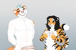 anthro areola black_hair black_stripes blue_hair breasts duo female fur hair heart_eyes heart_symbol horn male navel nipples nude orange_body orange_fur simple_background smile striped_body striped_fur stripes tail smileeeeeee sun_(smu) ti_(tigerti) felid feline mammal pantherine tiger digital_drawing_(artwork) digital_media_(artwork) hi_res