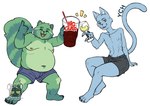 4_toes 5_fingers alcohol ambiguous_gender anthro beverage blue_body blue_fur bottomwear claws clothing container cup drinking_straw duo eyes_closed feet fingers fur gesture glass green_body green_fur hand_gesture holding_object ice logo looking_at_viewer male navel nipples open_mouth overweight overweight_anthro overweight_male pawpads shorts sitting slim soda standing teeth text thumbs_up toe_claws toes tongue wine maaudaan_tg 7-eleven fred_(fredrick_brennan) ych_(character) mammal procyonid raccoon digital_media_(artwork) english_text hi_res watermark