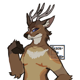 anthro antlers blue_eyes brown_body brown_fur brown_hooves fur fur_markings grey_antlers hooves horn inner_ear_fluff markings mastectomy_scar scar tan_body tan_fur tuft visibly_trans white_body white_fur white_inner_ear_fluff nowheremotel deer mammal 1:1 hi_res watermark