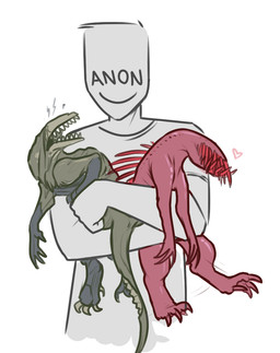 3_fingers 4_fingers 4_toes 5_fingers ambiguous_gender angry claws eyeless feet fingers fur green_body green_fur grey_body group happy heart_symbol hug red_body red_skin simple_background smile toes keadanger scp_foundation anon anonymous scp-682 human mammal monster reptile scalie scp-939