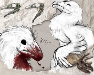 ambiguous_gender beak biped black_eyes blood blood_on_face blood_splatter bodily_fluids bone chest_tuft fangs feathered_wings feathers feral fingers fur gore no_irises open_mouth sharp_teeth side_view simple_background skull solo teeth text tuft white_body white_feathers white_fur winged_arms wings kestrel_(artist) dinosaur dromaeosaurid feathered_dinosaur feathered_scalie prehistoric_species reptile saurischian scalie theropod 2025 colored digital_drawing_(artwork) digital_media_(artwork) english_text hi_res portrait signature sketch sketch_page