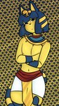 anthro belt biped blue_body blue_fur blue_hair clothed clothing crossed_arms crossgender crown ears_up egyptian femboy ftm_crossgender fur gold_(metal) hair headgear king looking_at_viewer male male_anthro markings neckwear nipples pharaoh royalty simple_background solo striped_markings striped_tail stripes tail tail_markings tsundere uraeus yellow_body yellow_fur yellow_inner_ear neptunebunny animal_crossing nintendo ankha_(animal_crossing) felid feline mammal absurd_res digital_media_(artwork) hi_res