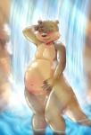 after_sex anthro bath belly belly_expansion belly_inflation big_belly blush bodily_fluids cum cum_in_pussy cum_inflation cum_inside expansion female flat_chested fur genital_fluids green_eyes inflation navel solo thick_thighs water waterfall rawnchyrancher aaliyah_(oc) mammal mustelid otter 2016