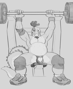 anthro belly bulge clothing detailed_bulge dreadlocks exercise footwear footwear_only genital_outline gym knee_pads male mostly_nude musclegut muscular muscular_anthro muscular_male overweight overweight_anthro overweight_male penis_outline shoes shoes_only simple_background solo spread_legs spreading tail teeth thick_tail tight_clothing underwear weights tkraccoon alligator alligatorid crocodilian reptile scalie greyscale hi_res monochrome