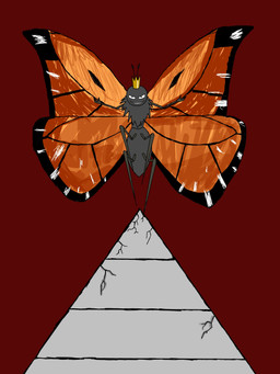 4_legs ambiguous_gender antennae_(anatomy) anthro arthropod_abdomen black_antennae crown evil_grin eyespots front_view grey_body grin headgear insect_wings markings monotone_background monotone_body nude orange_wings red_background ruff simple_background smile solo spread_wings teeth toothy_grin wings sumomo_tomitaka disney hoppers_(disney) pixar titus_(hoppers) arthropod butterfly insect lepidopteran monarch_butterfly 2026 3:4 digital_media_(artwork) hi_res