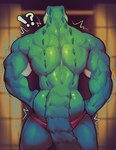 anthro back_muscles biceps big_muscles clothing green_body green_scales male muscular muscular_anthro muscular_male rear_view scales simple_background solo tail mixterart crocodile crocodilian mammal reptile scalie absurd_res hi_res