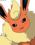 2021 ambiguous_gender artist_name black_eyes blush eeveelution feral flareon fur generation_1_pokemon head_tilt hi_res looking_at_viewer nintendo orange_body orange_ears patreon patreon_logo pokemon pokemon_(species) simple_background smile smiling_at_viewer solo tan_body tan_fur tongue white_background winick-lim