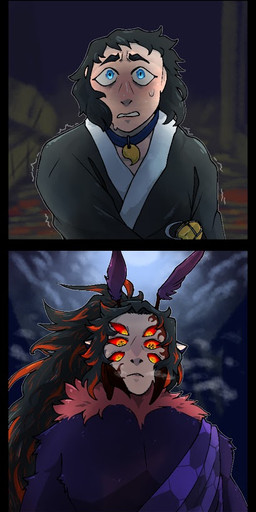 6_eyes antennae_(anatomy) black_clothing black_hair blue_eyes bodily_fluids breath clothing demon_slayer_uniform duo fur hair jewelry looking_down looking_up male markings multi_eye necklace night pedipalps pointy_ears ponytail purple_body purple_clothing purple_fur red_body red_fur red_hair red_markings red_sclera scared shaking sweat trembling yellow_eyes puppetmaster13uwu demon_slayer kimetsu_no_yaiba kaigaku_(demon_slayer) kokushibo_(demon_slayer) animal_humanoid arthropod arthropod_humanoid bee_humanoid demon human humanoid hymenopteran hymenopteran_humanoid insect insect_humanoid mammal cel_shading shaded