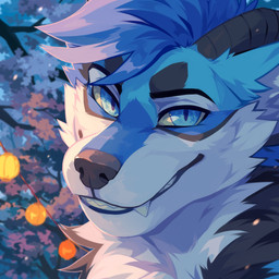 anthro black_body black_fur black_horn black_nose blue_body blue_eyes blue_fur blue_hair blurred_background cheek_tuft detailed_background facial_tuft fangs fur glistening glistening_eyes grey_nose hair horn lamp lantern looking_at_viewer male neck_tuft outside plant smile solo teeth tree tuft unsigned white_body white_fur corzh77 canid mammal 1:1 2022 absurd_res bust_portrait cel_shading detailed digital_drawing_(artwork) digital_media_(artwork) hi_res icon portrait shaded