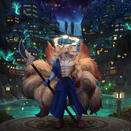 3_heads amatsumi anthro fantasy fur lake male multi_head night outside solo warrior yellow_body yellow_fur dansats european_mythology greek_mythology mythology canid canid_demon canine cerberus demon fox fox_spirit hellhound mammal mythological_canine mythological_creature spirit 1:1 absurd_res hi_res