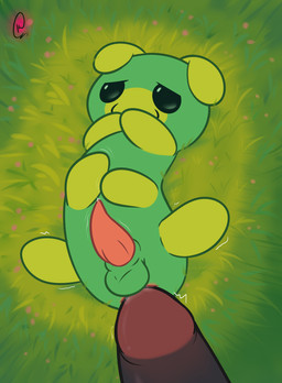 :3 anus balls big_penis black_penis bodily_fluids duo feral genital_fluids genitals grass green_body male male/male mouth_closed penis penis_tip pink_penis plant precum size_difference smaller_male kakau221 bits_and_bops flow_worms_(bits_and_bops) absurd_res hi_res