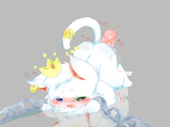 ambiguous_gender ambiguous_penetration anthro blue_eyes blush bodily_fluids bound butt chain chained crown cum cum_inside cum_on_butt duo genital_fluids green_eyes grey_background headgear heart_symbol heterochromia jewelry kemono penetration penile penile_penetration royalty saliva semi-anthro simple_background submissive submissive_anthro deaic domestic_cat felid feline felis mammal 2016 4:3 female_(lore)